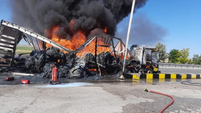 Bariyerlere çarpan TIR alev alev yandı