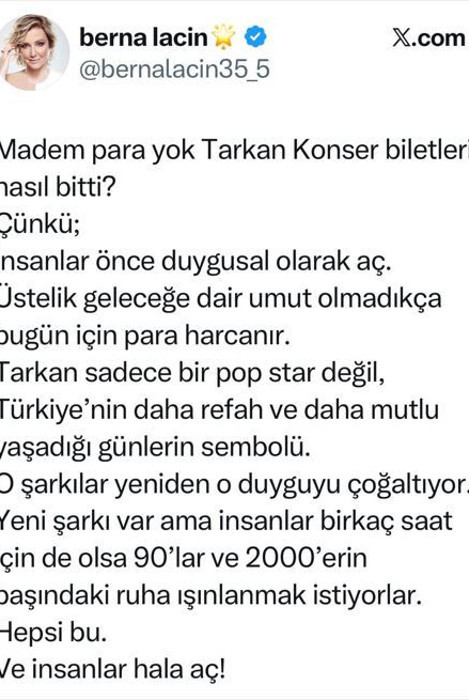 Ünlü oyuncu Berna Laçin’den olay yaratacak Tarkan yorumu: “Madem para yok, biletler nasıl 1 saatte bitti?” - Resim : 1