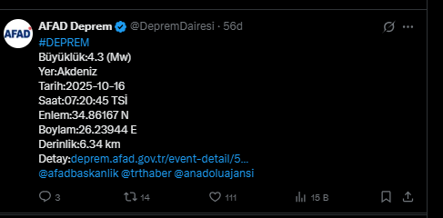 Akdeniz'de 4,3 büyüklüğünde deprem - Resim : 1