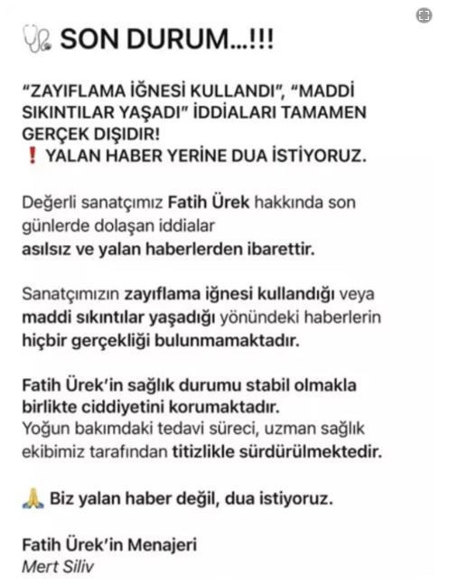 Fatih Ürek'in menajerinden yeni açıklama: “Yalan habere değil, duaya ihtiyacımız var” - Resim : 2
