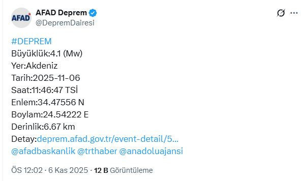 Akdeniz'de deprem (6 Kasım 2025) - Resim : 2