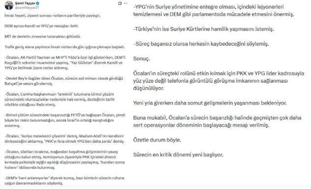 Şamil Tayyar İmralı notlarını 'sızdırıyor' ‘Öcalan görüşmede Suriye için söz verdi’ - Resim : 1