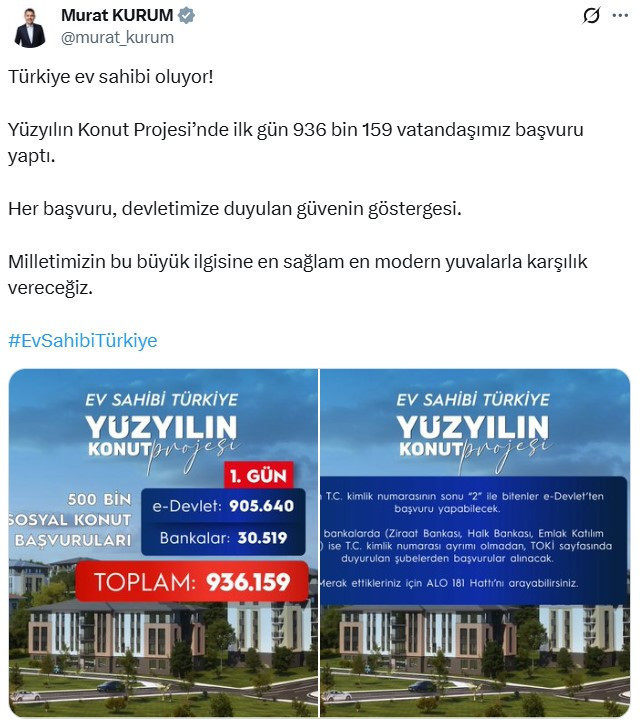 Bakan Kurum'dan 500 bin konut açıklaması: İlk gün 1 milyon kişi başvurdu - Resim : 1