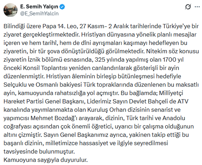 MHP’den ‘Kuruluş Orhan’ atıflı Papa tepkisi - Resim : 3