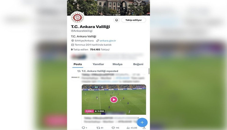 Ankara Valiliği'nin Fenerbahçe sevdası korsan yayın paylaştırdı