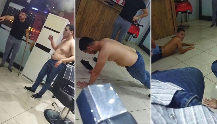 Berber çıraklarına işkence yaptı 'şaka yaptım' dedi. Yarı çıplak şınav çektirip süründürdü