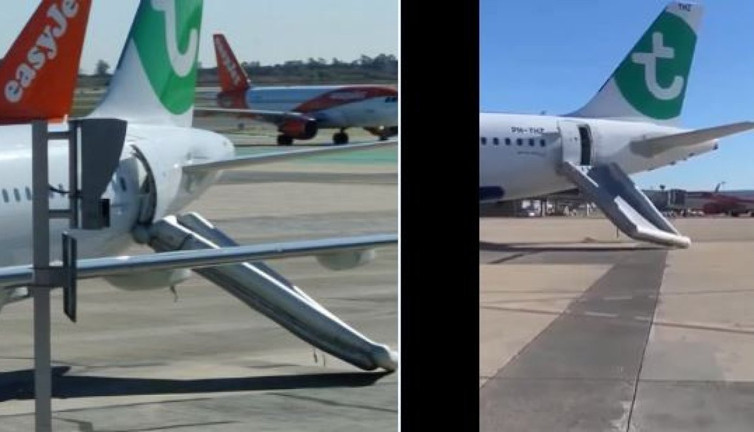 Kalkış öncesi uçakta ilginç olay. Acil tahliye botu patladı