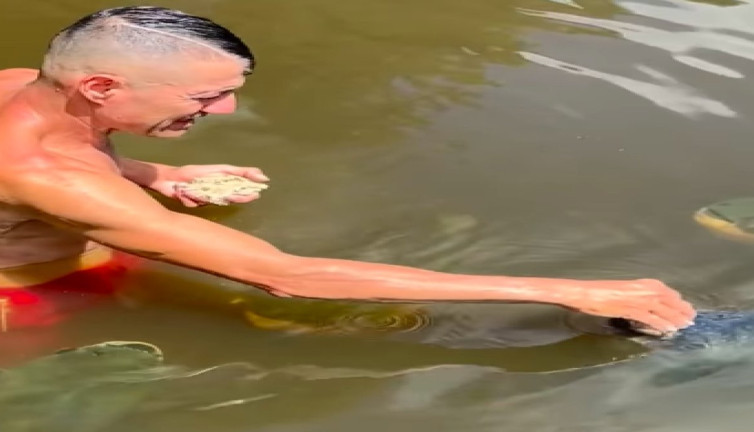 Elindeki ekmekle çevresinde bekleyen balıkları besleyen adamın videosu beğeni topladı