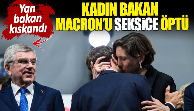 Kadın bakan Macron'u seksice öptü. Yan bakan kıskandı