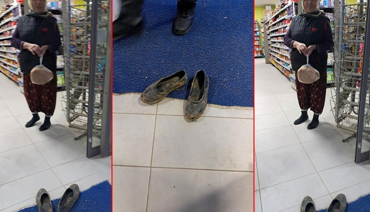 Bu bir güzel insan haberidir...Çamurlu kara lastik ayakkabısını çıkarıp öyle markete girdi