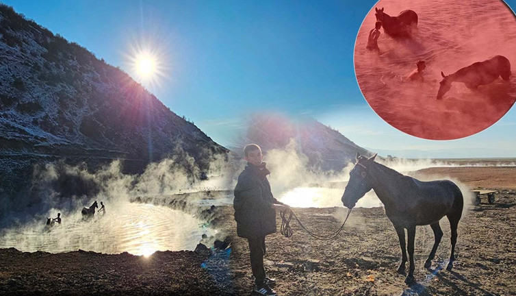 Burası Antartika değil Bitlis! Eksi 15 derecede atlarla kaplıca keyfi