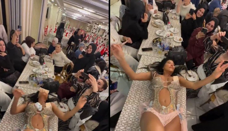 Sosyal medyada olay olan görüntüler! Kadınlar matinesinde dansöz oynatıp para taktılar
