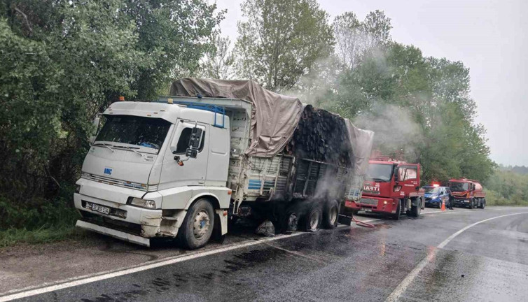 Odun yüklü kamyon alev aldı