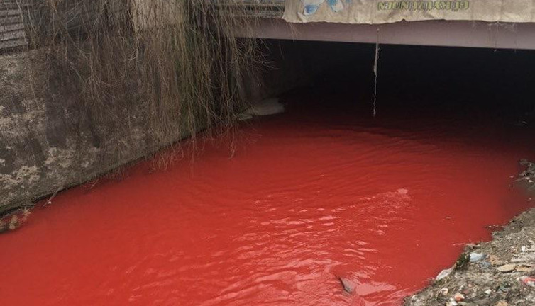 Ankara Çayı'ndaki görüntü vatandaşları tedirgin etti. Suyun rengi kan kırmızısına döndü