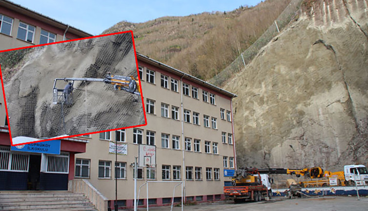 Kaya tehdidi altındaki okulda yamaçlar, çelik ağlarla örülüyor