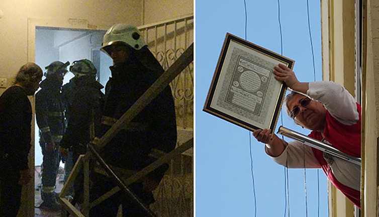 Yangında penceresinden ayet yazılı çerçeve ile dua etti