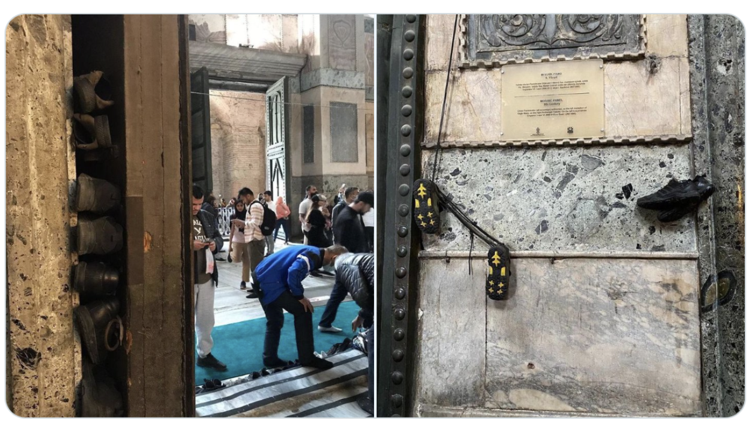 Ayasofya'dan görüntüler: Taşların arasına ve üstüne ayakkabı koydular!