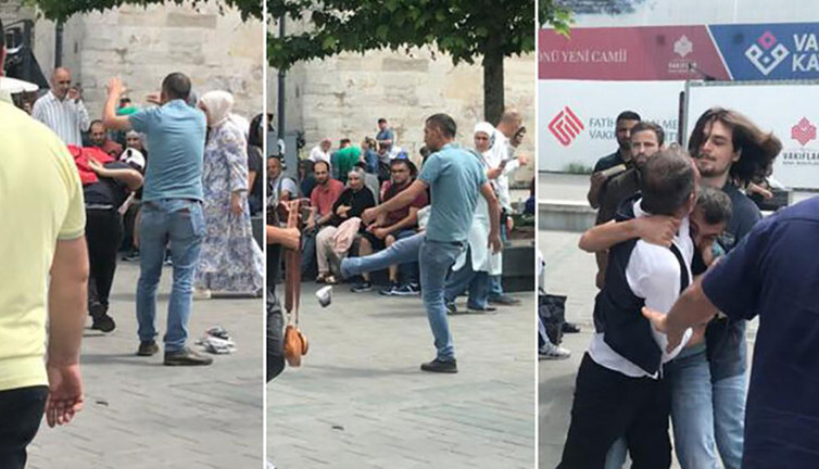 Kadına dayağı hazmedemedi dayakçı adama peş peşe kafayı indirdi. Eminönü’ndeki olayı bir tek o izlemedi