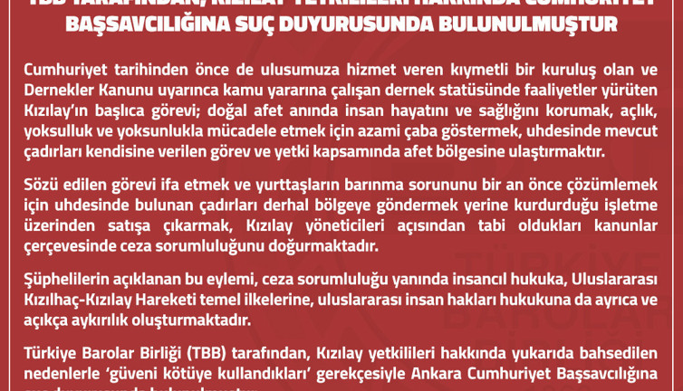 Son Dakika - TBB'den Kızılay yetkilileri hakkında suç duyurusu