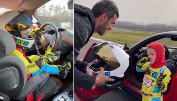 Kenan Sofuoğlu'nun 4 yaşındaki oğlu 1000 beygirlik arabayla şov yaptı. Hık demiş babasının burnundan düşmüş