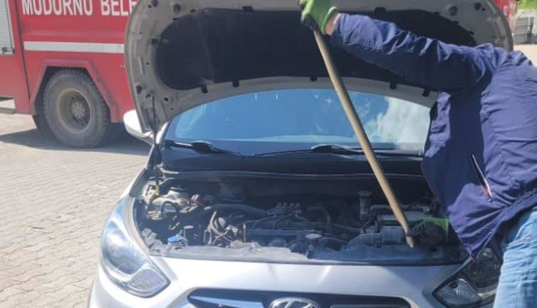 Aracın önünde sallanıyordu. Kadının korkudan dili tutuldu