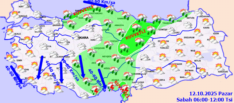 Sıcaklıklar düşüyor! Kuvvetli yağış ve rüzgar uyarısı (12 Ekim 2025) - Resim : 1